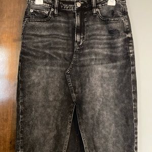 American Eagle size 2 midi black jean skirt with distressed look and front-slit